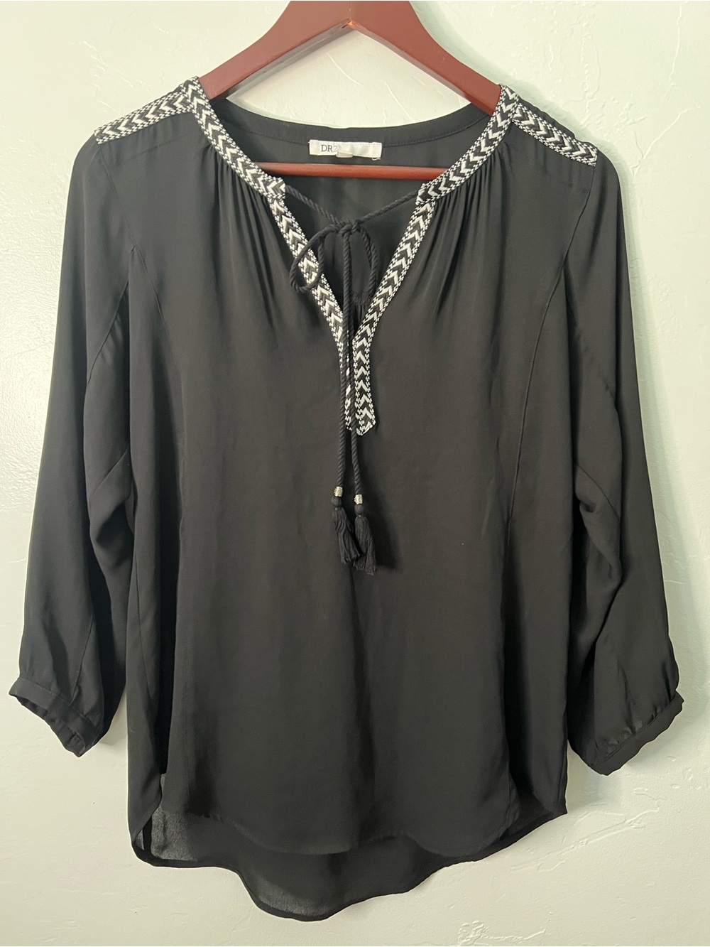 DR2 Black Embroidered Tie-Neck Blouse Boho Size Small